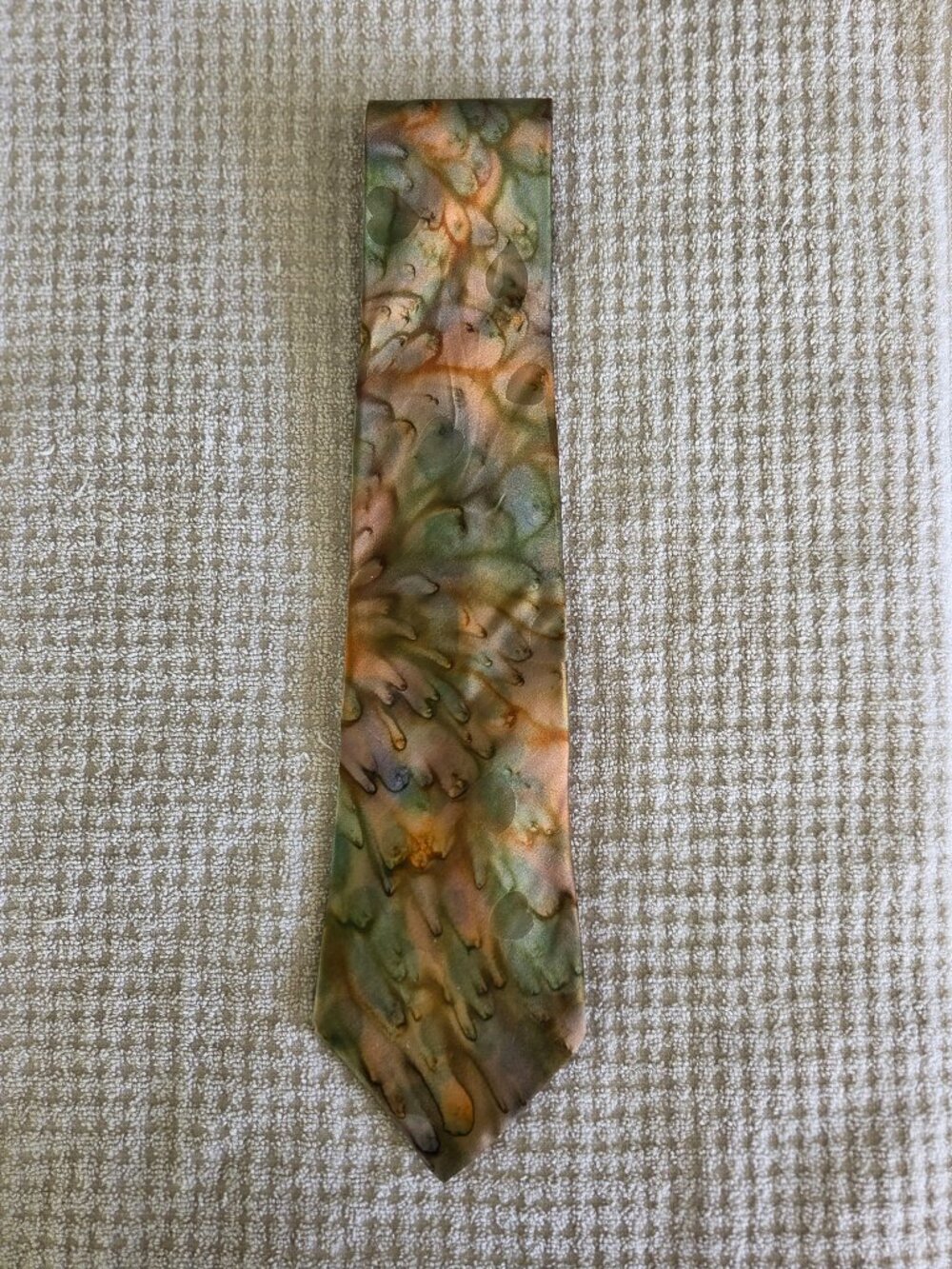 AZIA Collection Hand Dyed Abstract Tie Muted Greens Peaches and Rusts